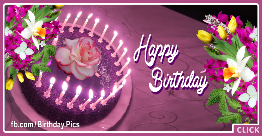 Happy Birthday Card With Flowers And Cake