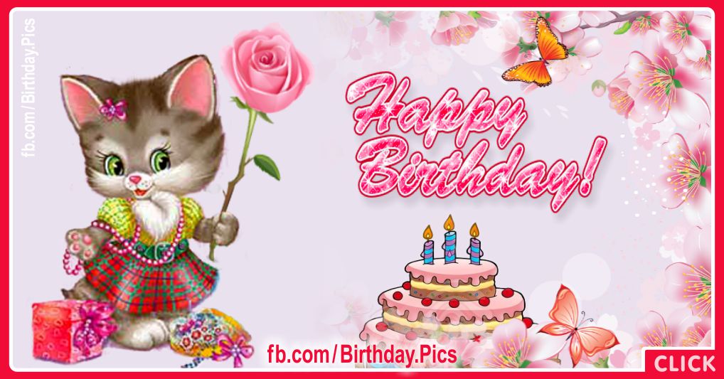 Kitty Pink Rose Birthday Card