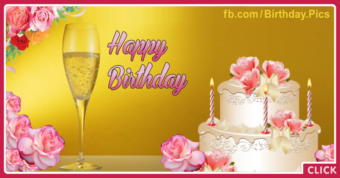 Pinky White Cake Champagne Happy Birthday Card