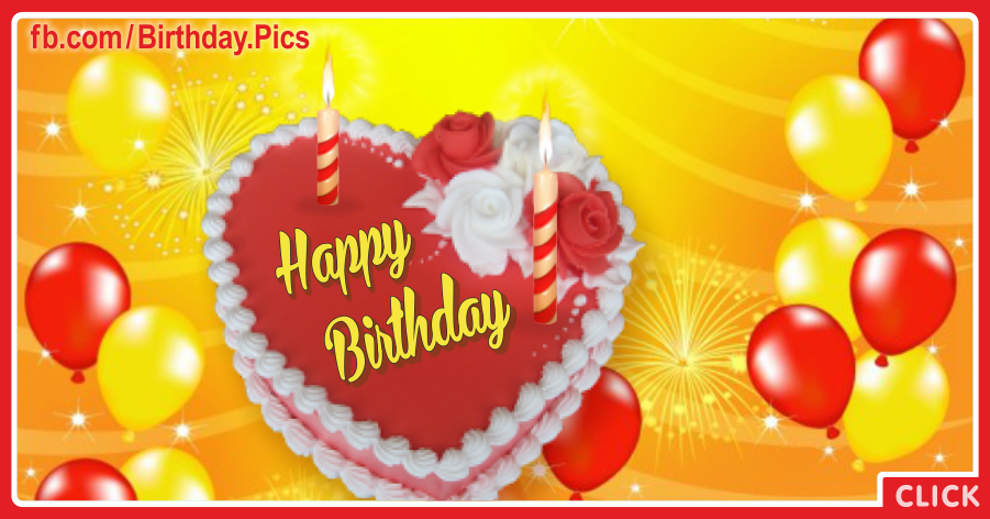 Red Yellow Balloons Heart Cake Birthday Card for celebrating