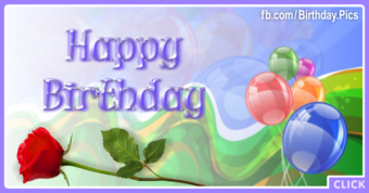 Single Red Rose Blue Balloon Happy Birthday Card