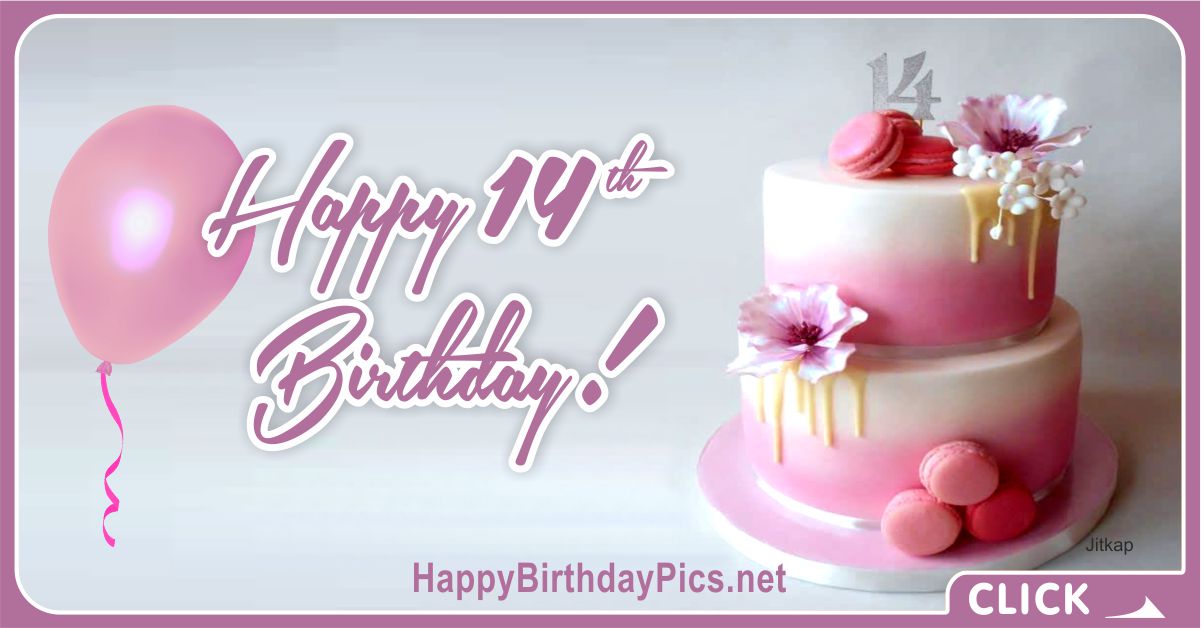 Happy 14th Birthday with a Pink Cake Card Equivalents